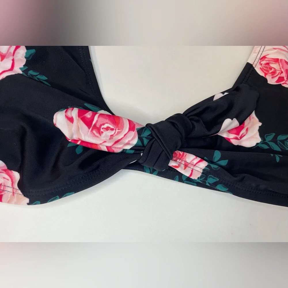 Cupshe Women's‎ Black Pink Floral Bralette Bikini Swimsuit Top Size S